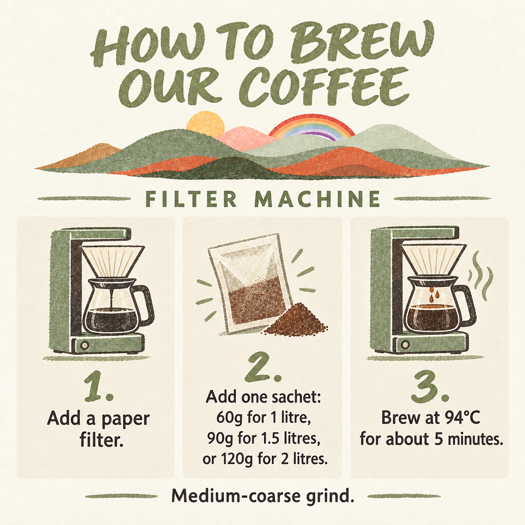 Filter-machine brew guide: add paper filter, use a 60g, 90g or 120g sachet for 1, 1.5 or 2 litres, then brew at 94°C for about five minutes
